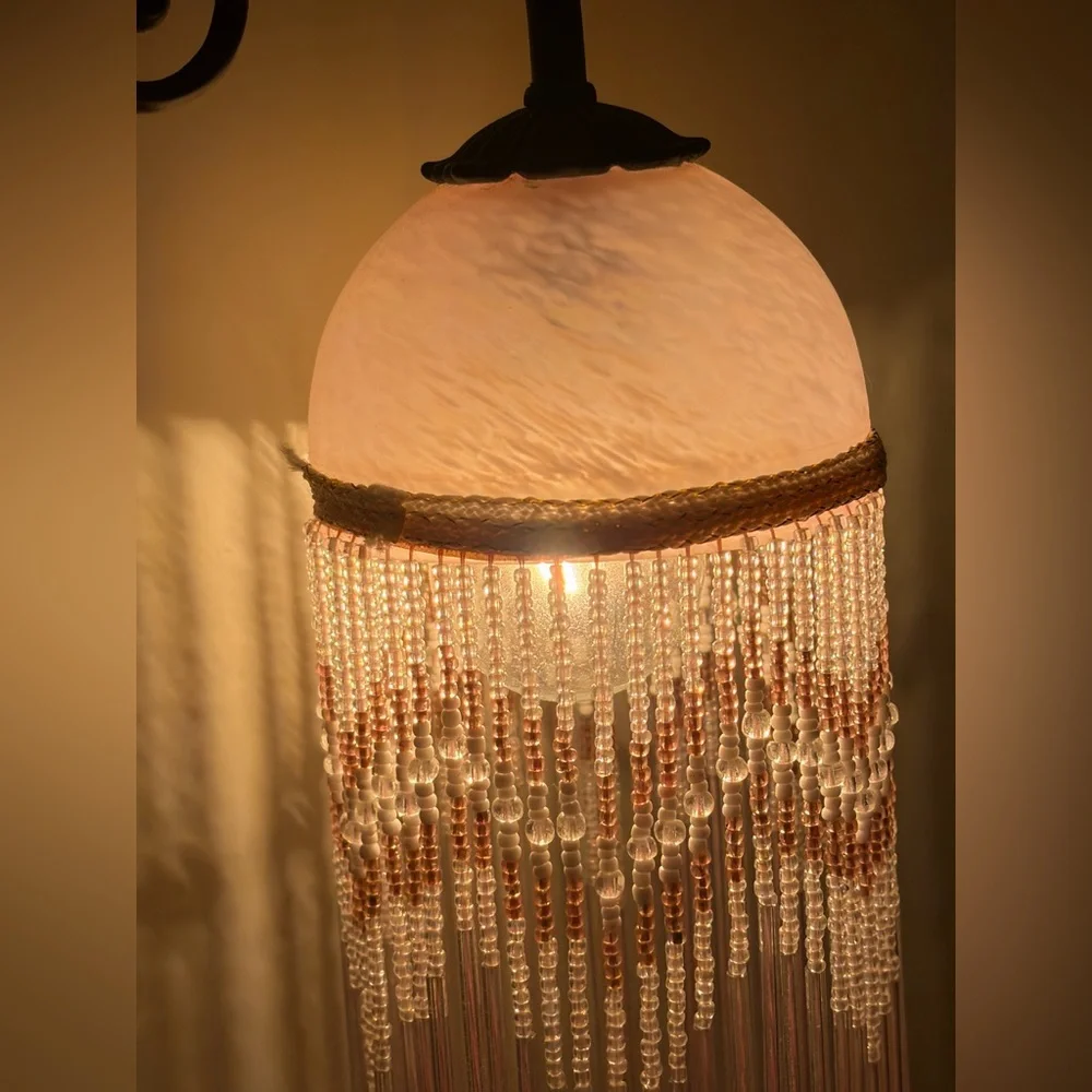 Vintage Victorian Style Beaded Glass Boudoir Table Light Lamp, Metal Leaf Base